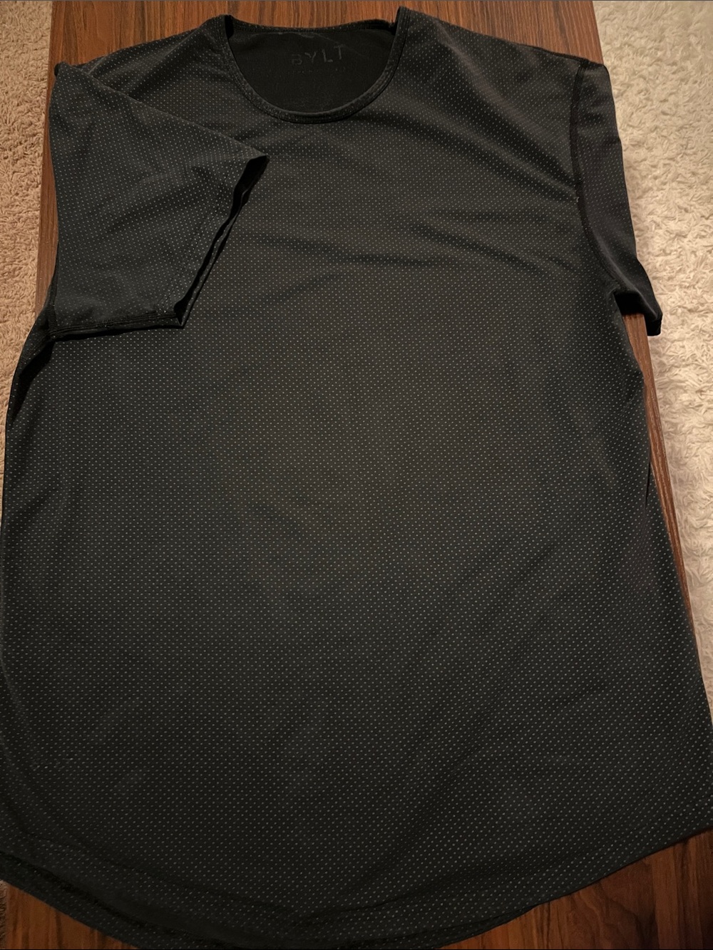 BYLT men’s Black/small grey polkadot  Tee. Drop cut crew neck